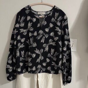 LOFT Black Blouse with White Bow Print